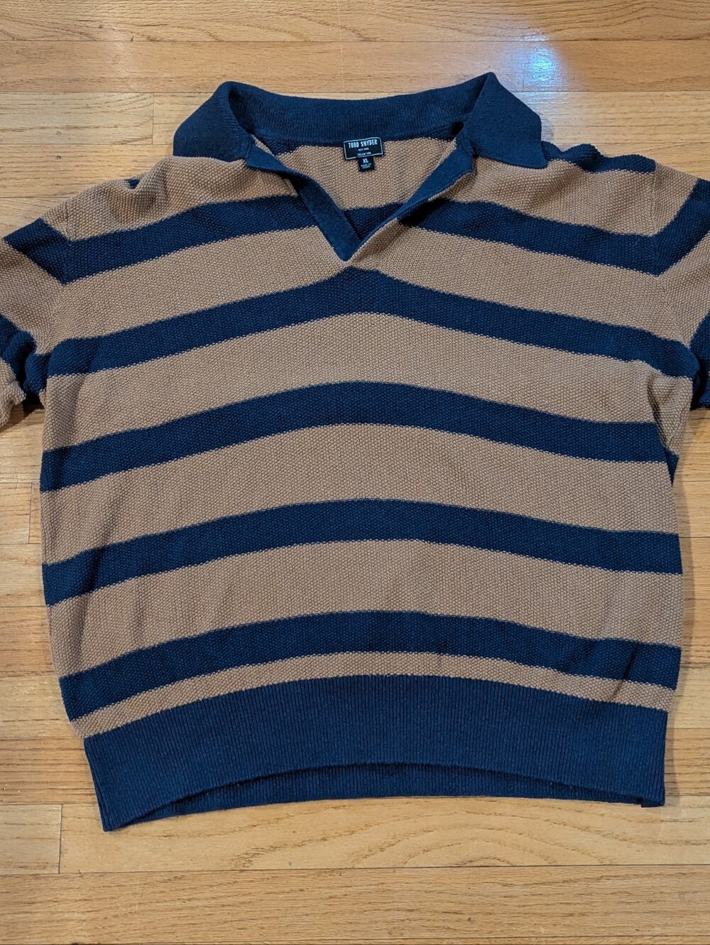 Todd Snyder Navy & Tan Striped Cotton Knit Yarn Long Sleeve Polo - XL